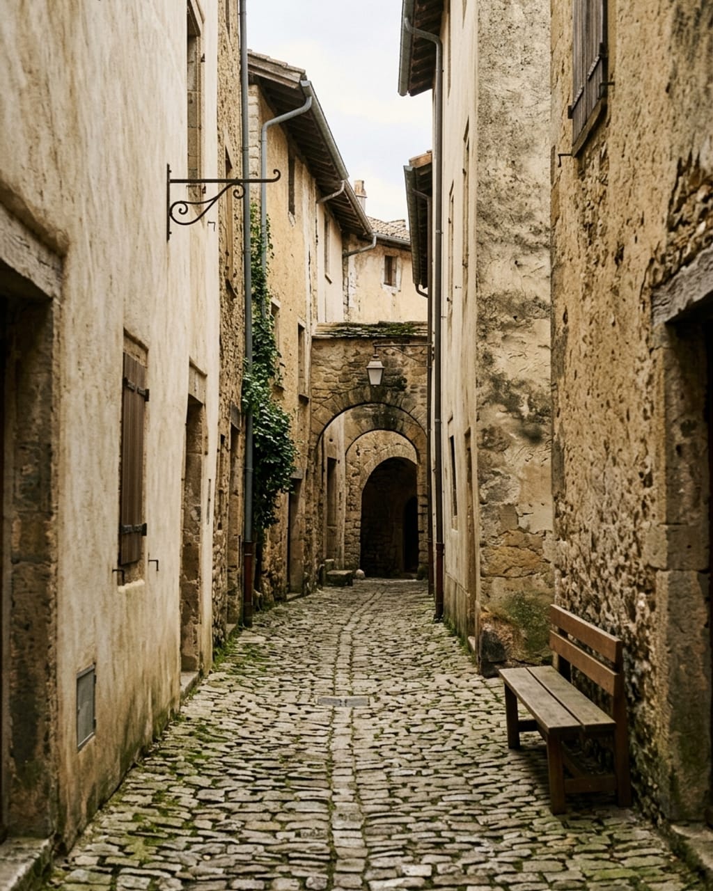 A quiet stone alley in soft morning light, an arched doorway in the distance.